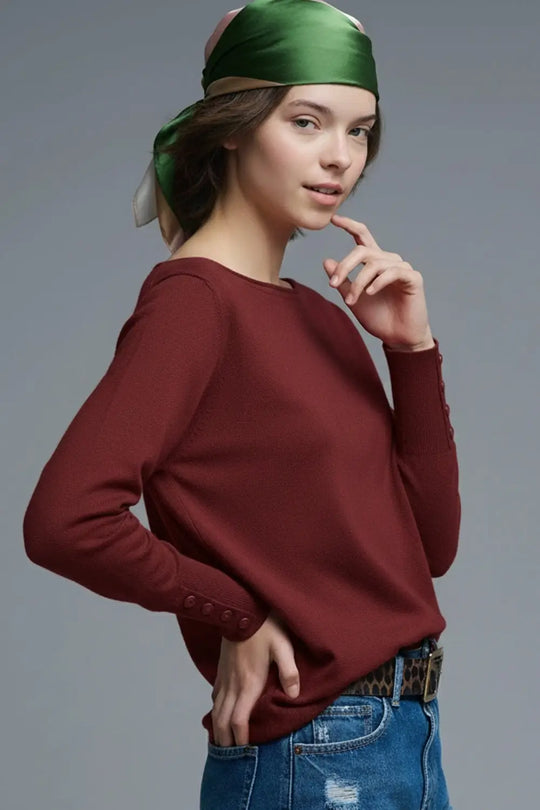 Soft knit Burgundy Sweater with sleeve button details - RED / ONE - Sweaters