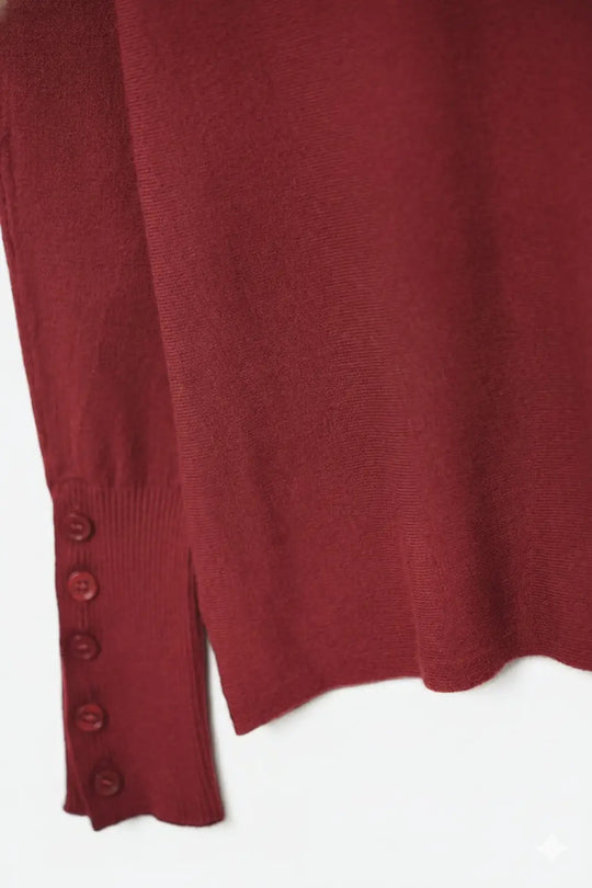 Soft knit Burgundy Sweater with sleeve button details - RED / ONE - Sweaters