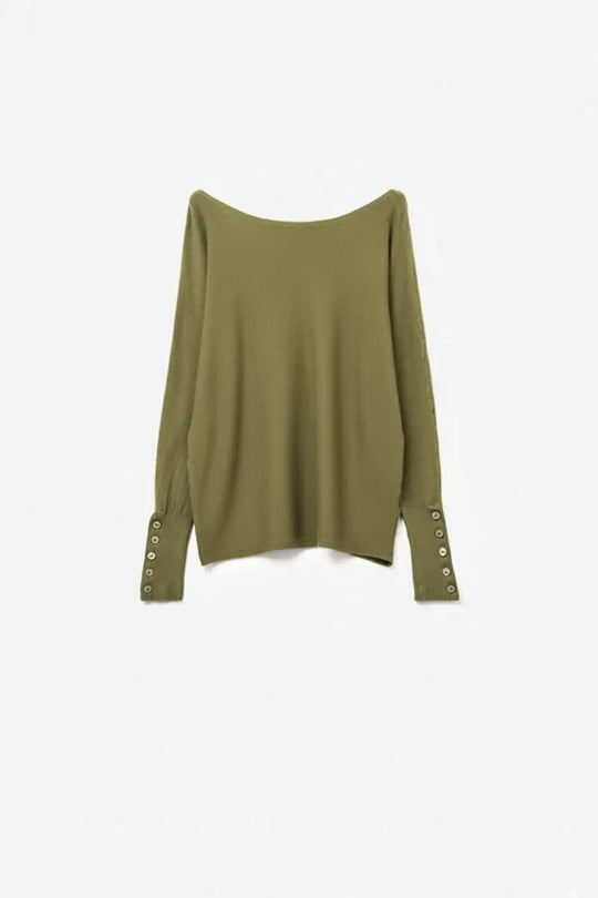 Soft knit olive green Sweater with sleeve button details - KHAKI / ONE - Sweaters