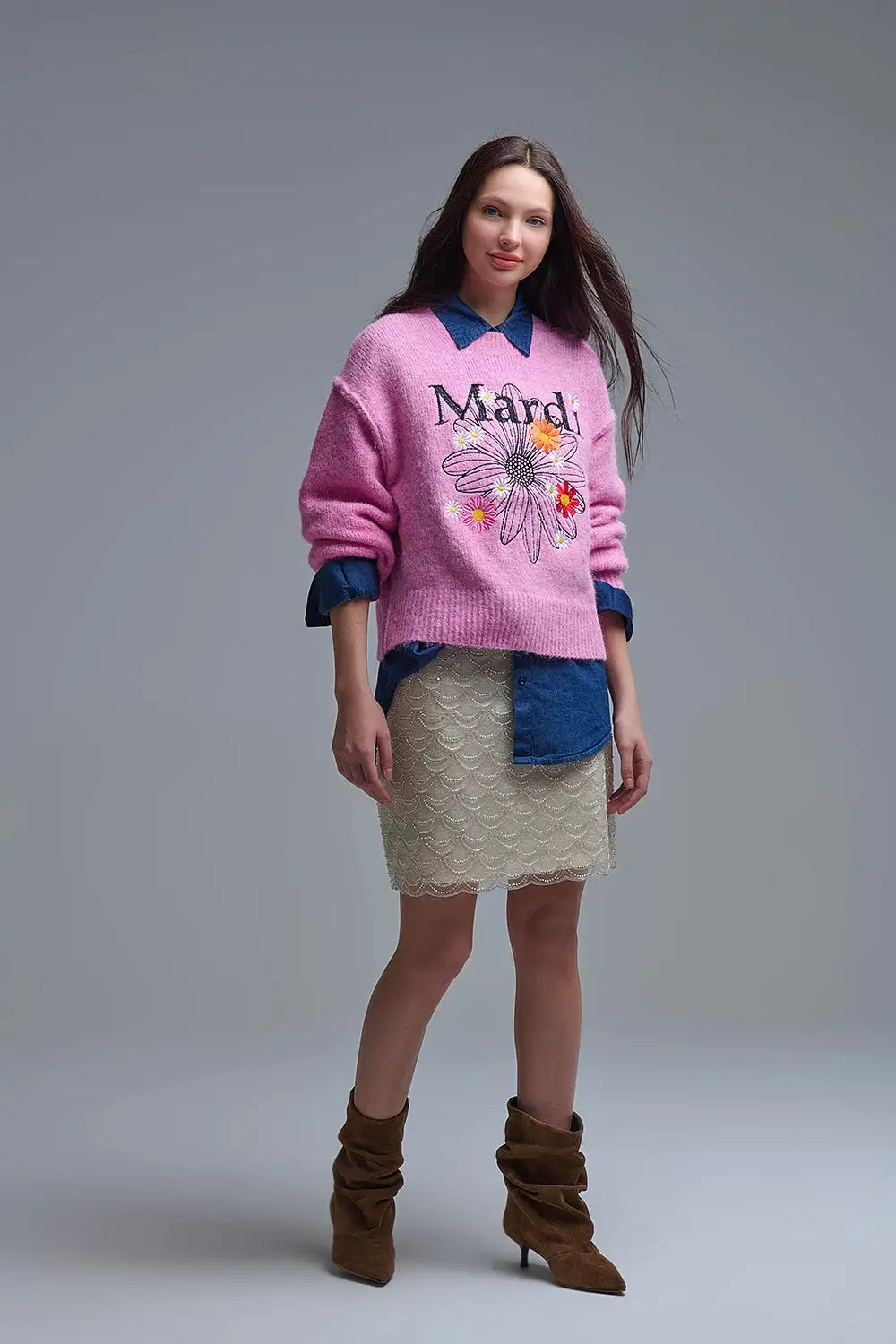 Pink Embroidered Mardi Sweater With Flowers - PINK / ONE - Sweaters