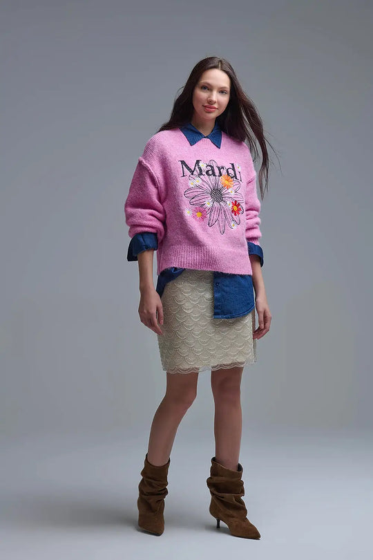 Pink Embroidered Mardi Sweater With Flowers - PINK / ONE - Sweaters