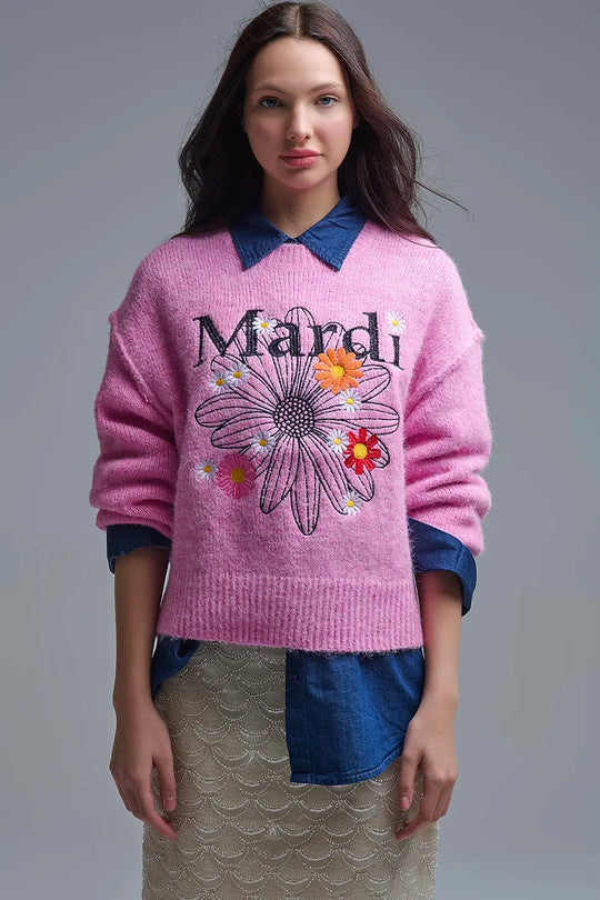 Pink Embroidered Mardi Sweater With Flowers - PINK / ONE - Sweaters
