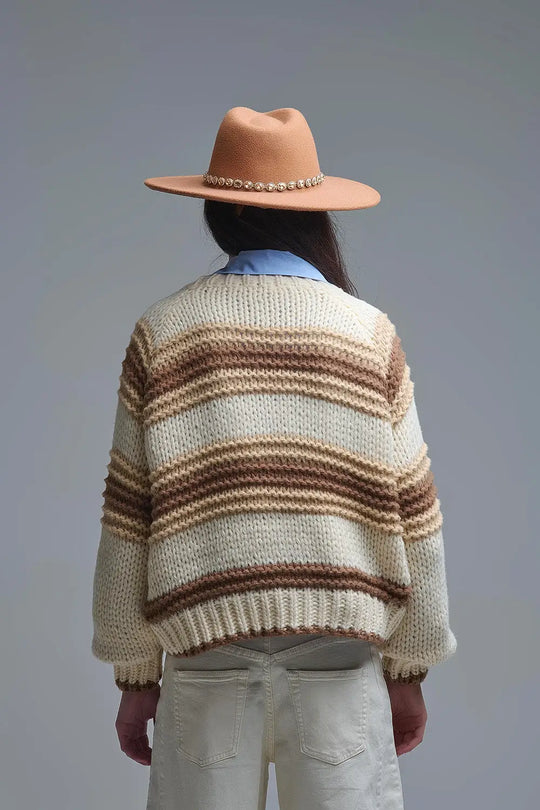 V-neck Chunky Knit Cardigan in striped of Brown and camel - BEIGE / ONE - Cardigans