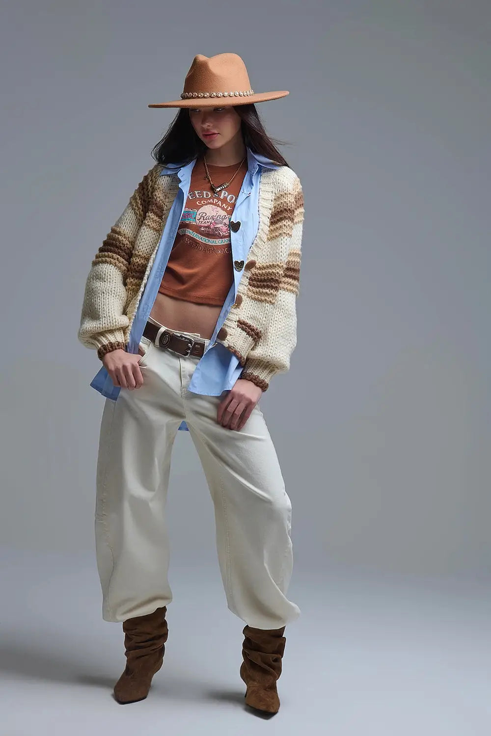 V-neck Chunky Knit Cardigan in striped of Brown and camel - BEIGE / ONE - Cardigans