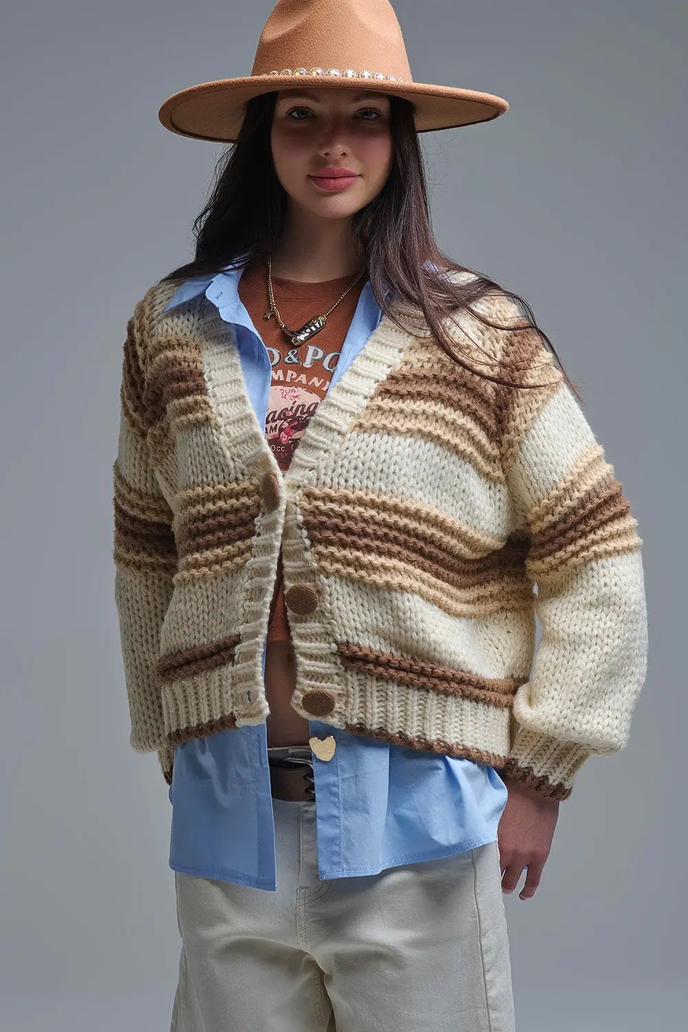 V-neck Chunky Knit Cardigan in striped of Brown and camel - BEIGE / ONE - Cardigans