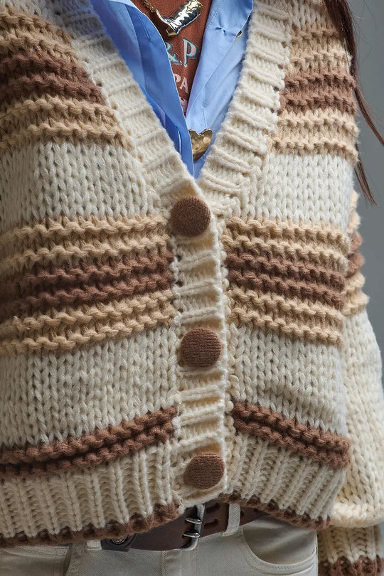 V-neck Chunky Knit Cardigan in striped of Brown and camel - BEIGE / ONE - Cardigans