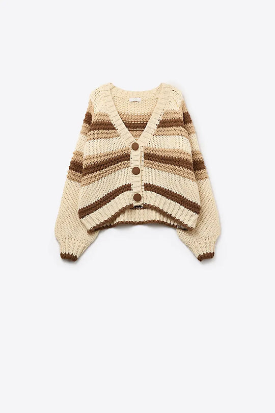 V-neck Chunky Knit Cardigan in striped of Brown and camel - BEIGE / ONE - Cardigans