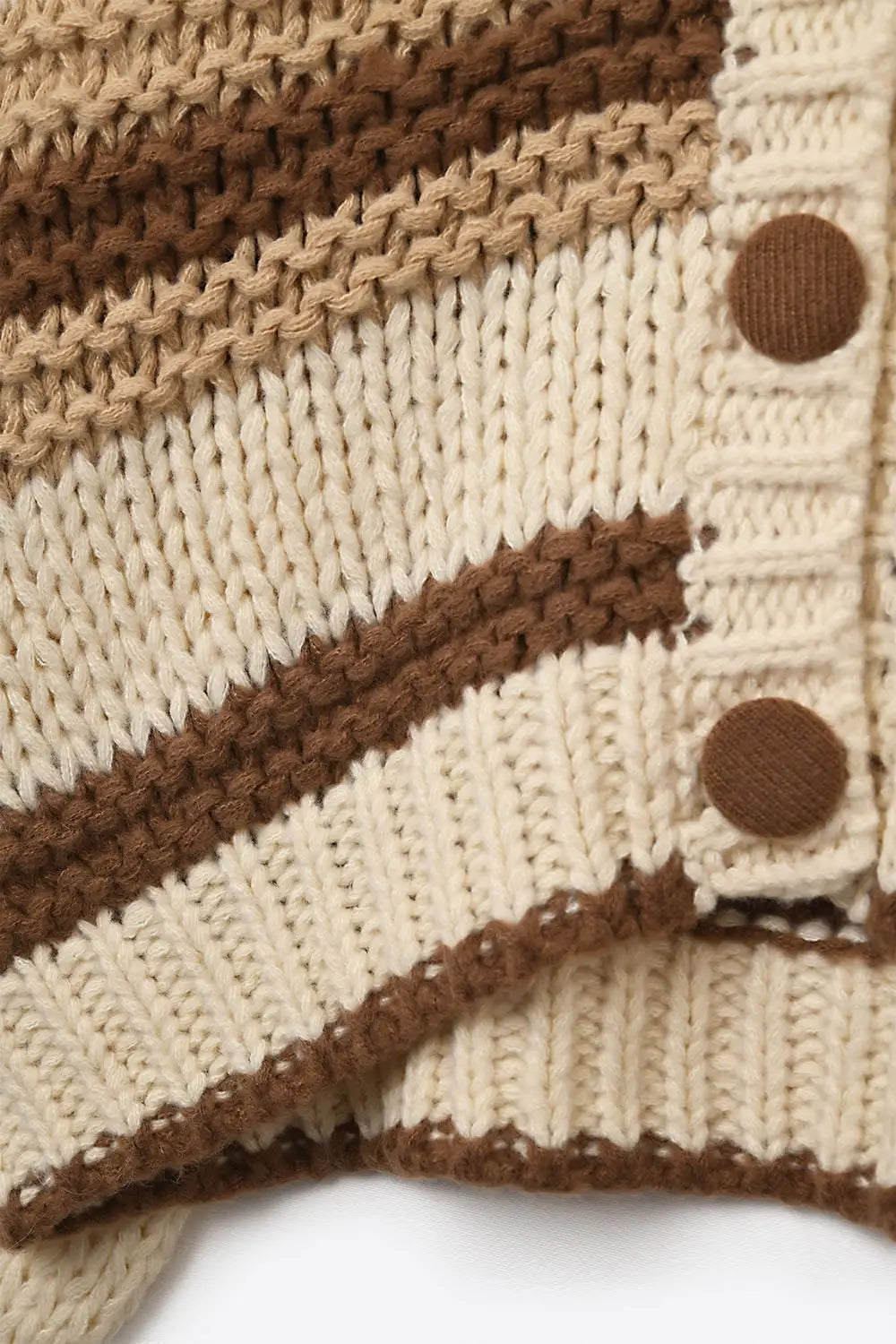 V-neck Chunky Knit Cardigan in striped of Brown and camel - BEIGE / ONE - Cardigans