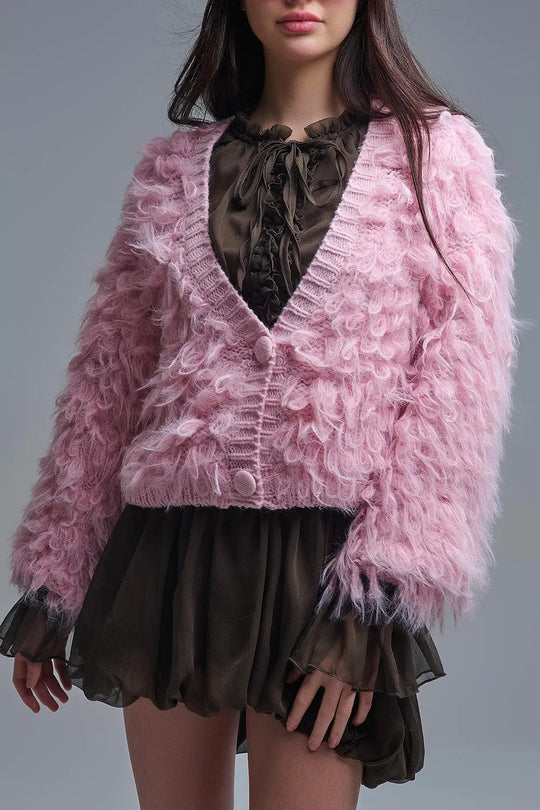 Chunky Shag Style Fluffy Knitted Cardigan in Pink - PINK / ONE - Jackets