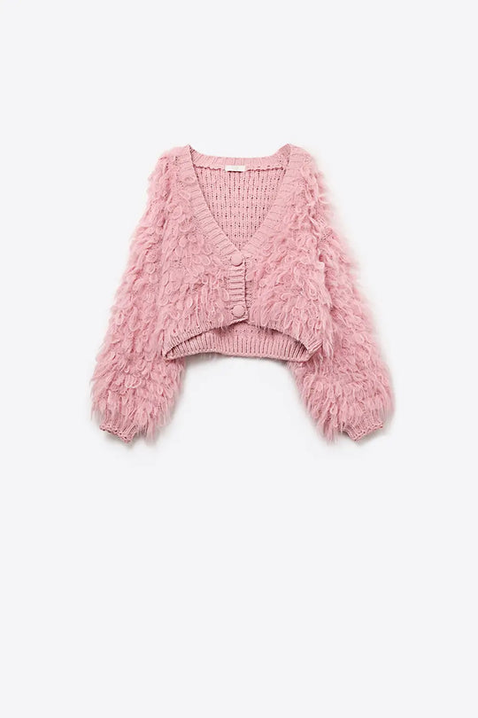 Chunky Shag Style Fluffy Knitted Cardigan in Pink - PINK / ONE - Jackets