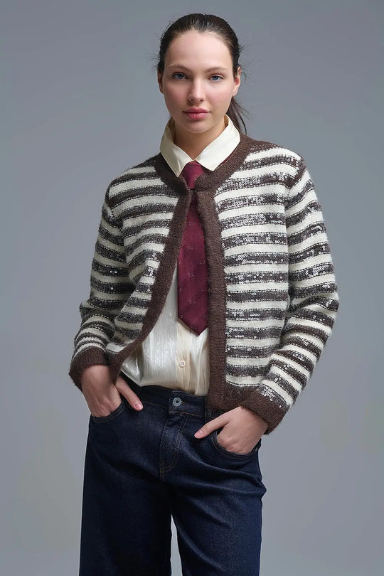 Sequin Detail Stripe Cardigan in Brown and Cream - BROWN / ONE - Cardigans