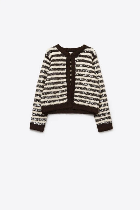 Sequin Detail Stripe Cardigan in Brown and Cream - BROWN / ONE - Cardigans