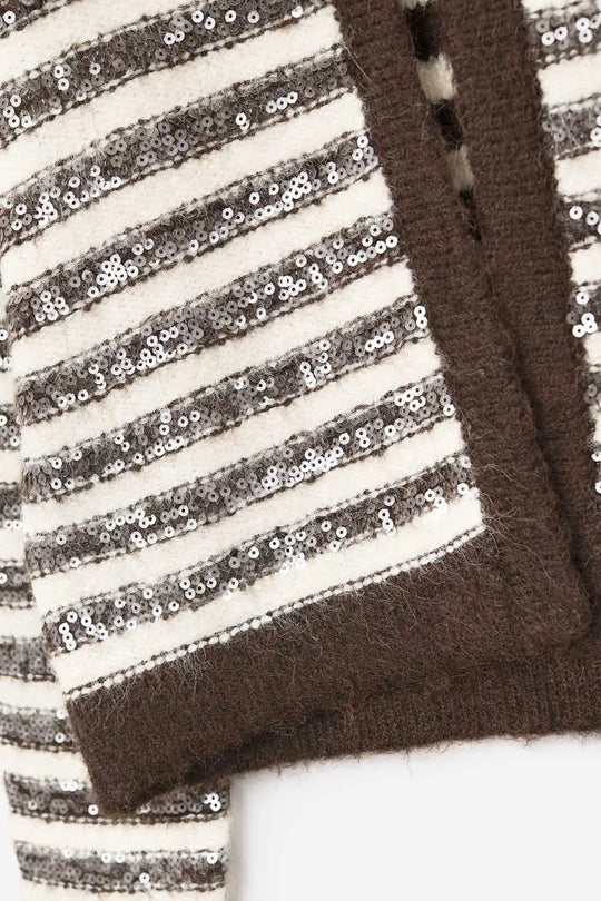 Sequin Detail Stripe Cardigan in Brown and Cream - BROWN / ONE - Cardigans