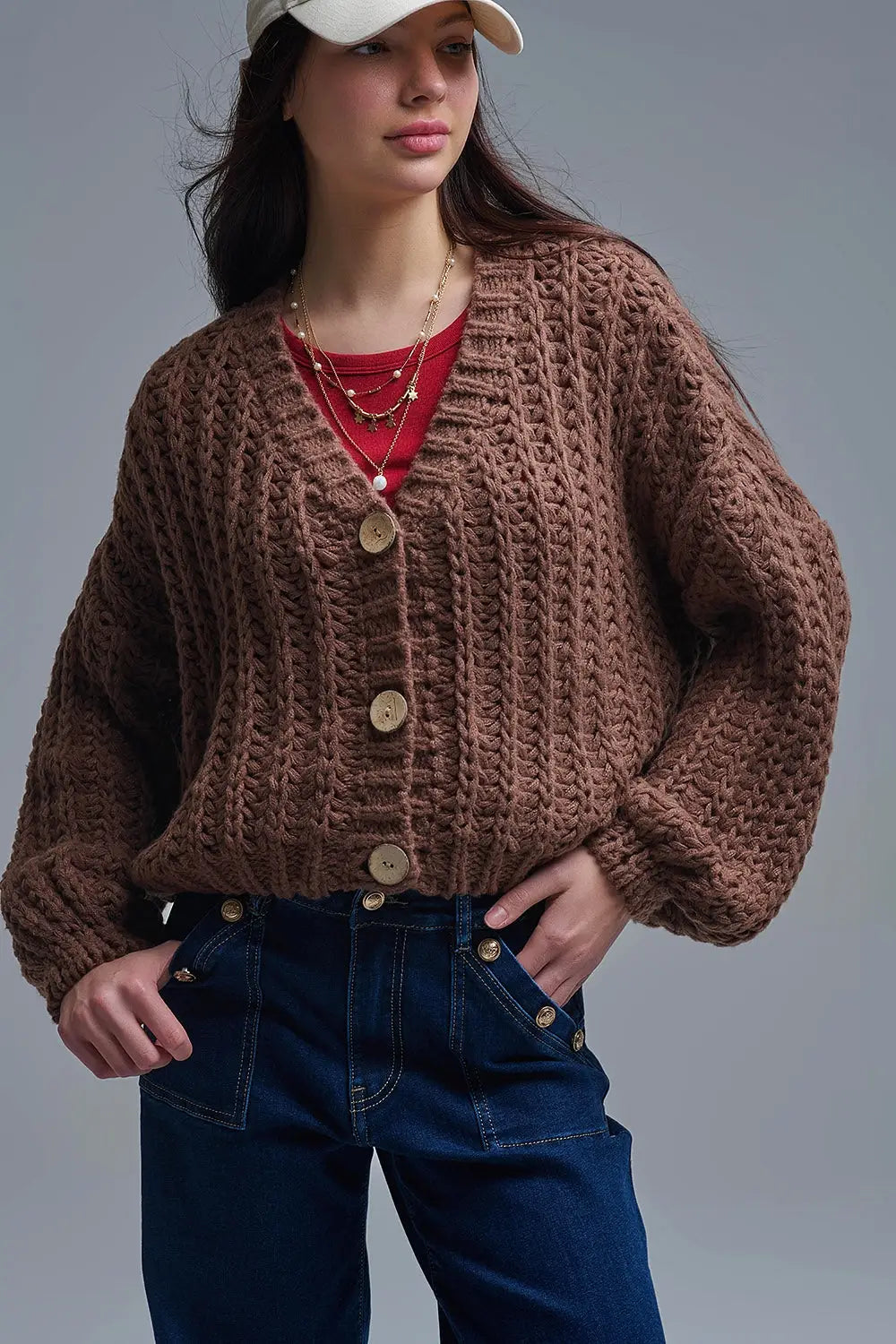Open Knit Chunky Cardigan In Brown - BROWN / ONE - Cardigans