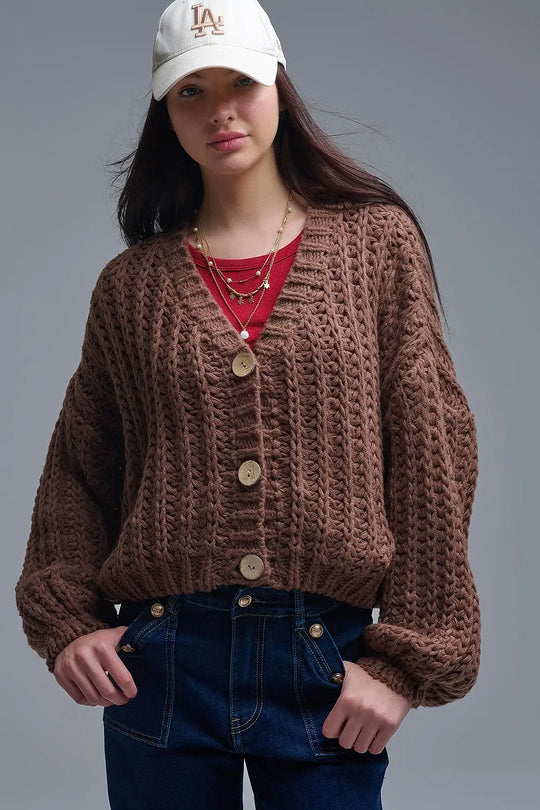 Open Knit Chunky Cardigan In Brown - BROWN / ONE - Cardigans
