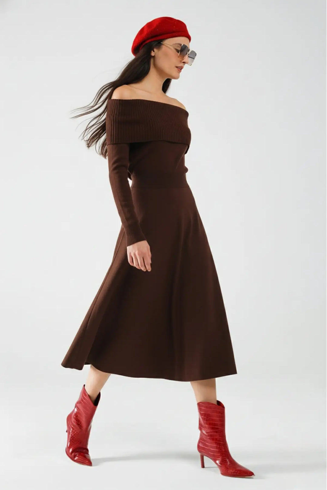 Maxi Knitted wide Bardot Dress in brown - BROWN / ONE - Dresses