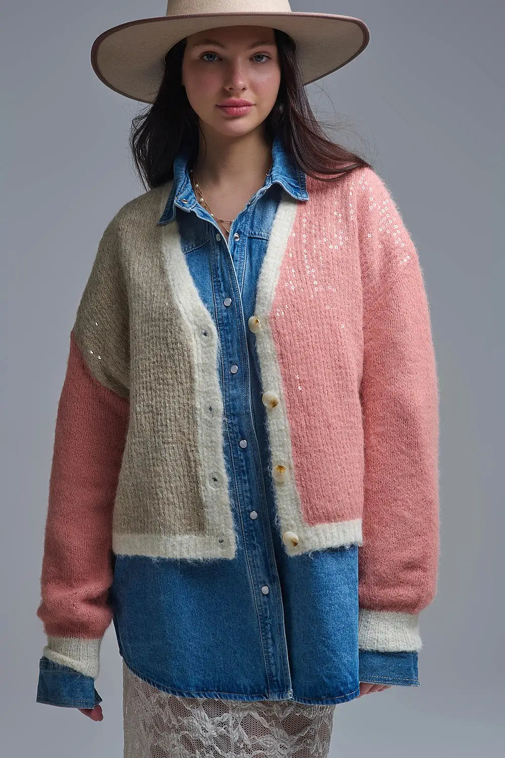 Color-block Sequin V-Neck Cardigan - PINK / ONE - Cardigans
