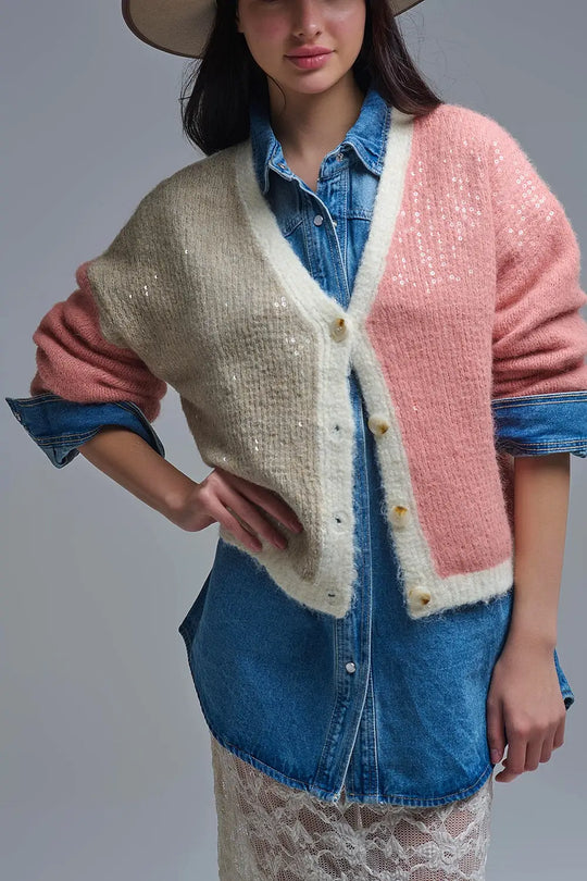 Color-block Sequin V-Neck Cardigan - PINK / ONE - Cardigans