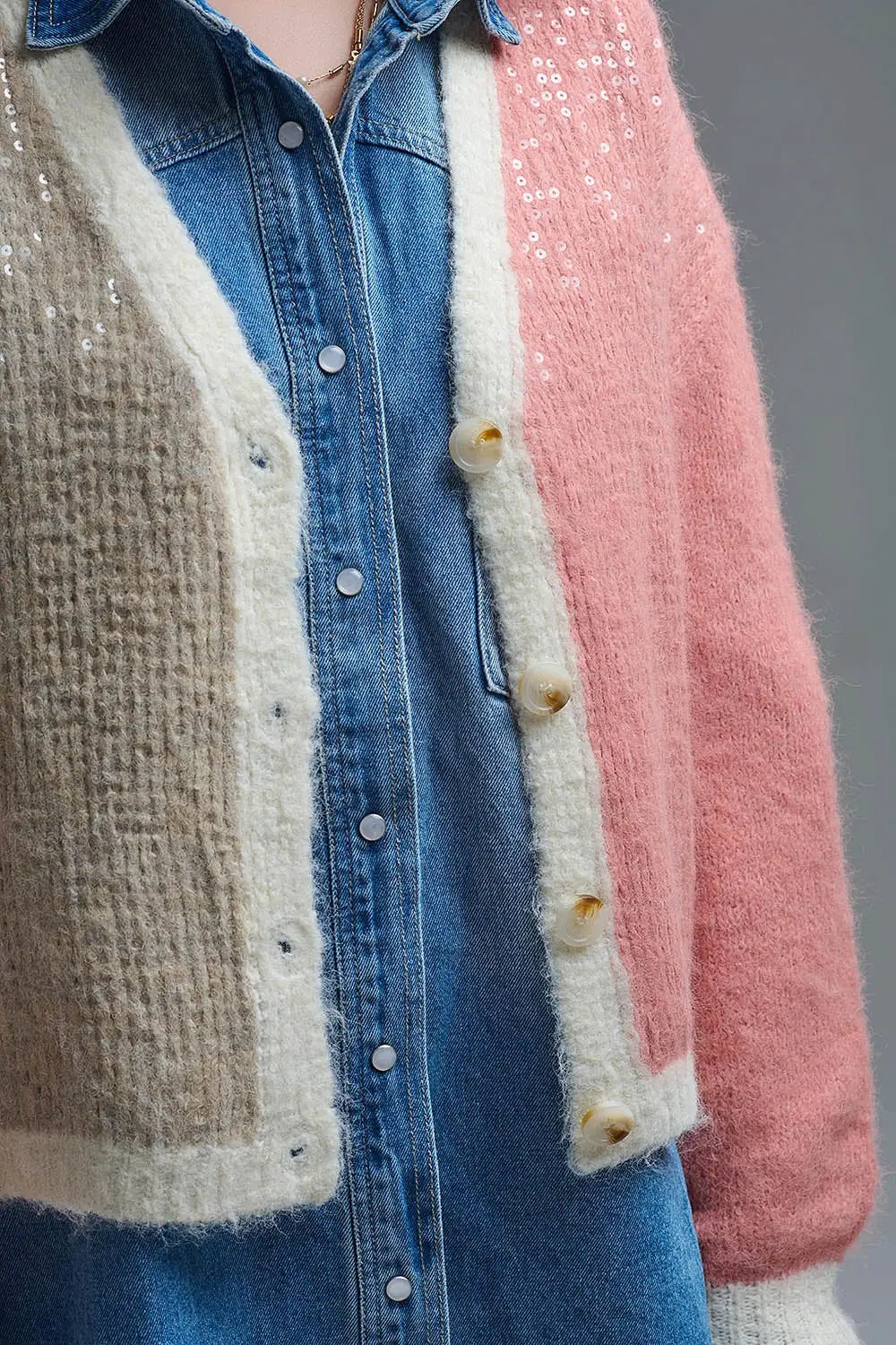 Color-block Sequin V-Neck Cardigan - PINK / ONE - Cardigans