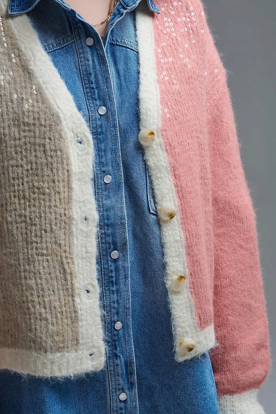 Color-block Sequin V-Neck Cardigan - PINK / ONE - Cardigans