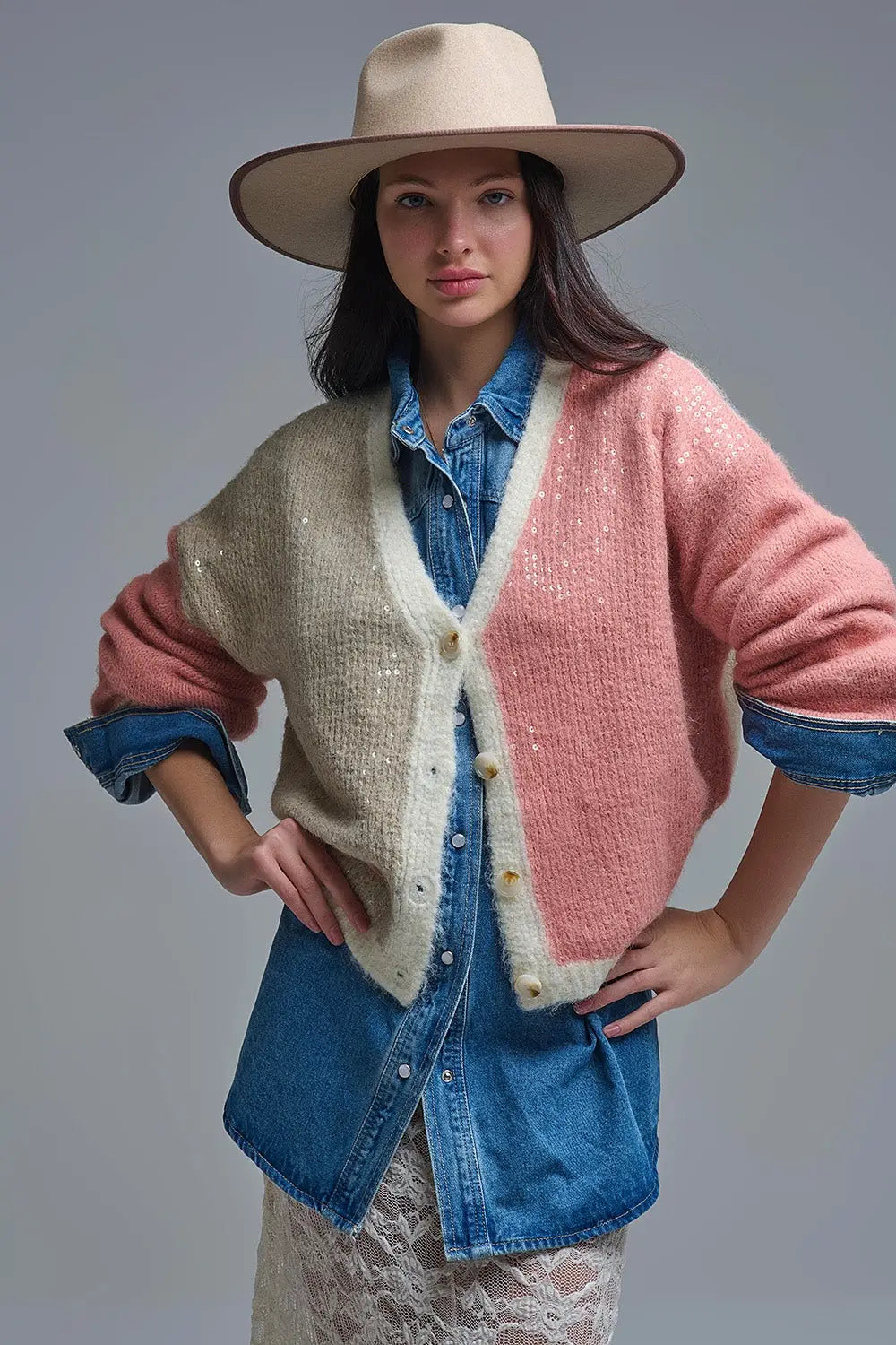 Color-block Sequin V-Neck Cardigan - PINK / ONE - Cardigans