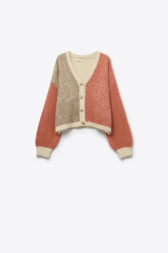 Color-block Sequin V-Neck Cardigan - PINK / ONE - Cardigans