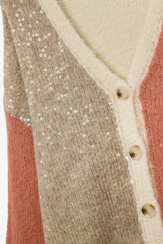 Color-block Sequin V-Neck Cardigan - PINK / ONE - Cardigans
