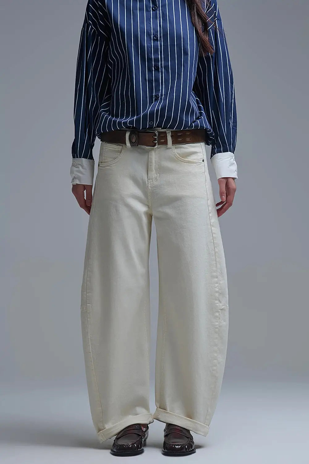 Trendy Cream Barrel Balloon Jeans with Pockets - Colored Jeans