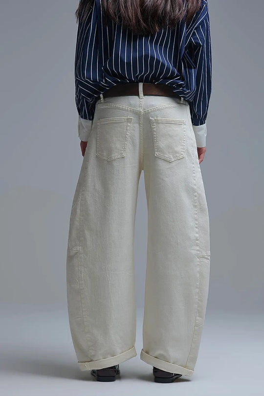 Trendy Cream Barrel Balloon Jeans with Pockets - Colored Jeans