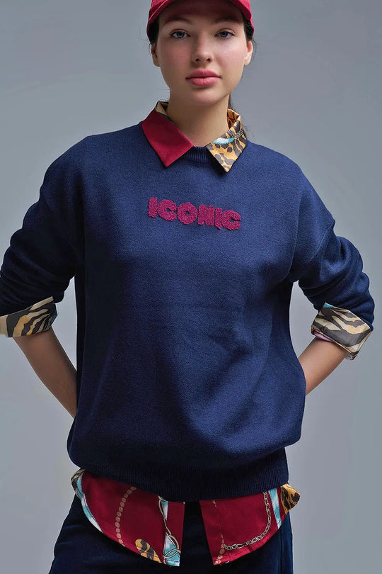 Embroidered ICONIC Sweater with Global Tour Back Print in Navy - NAVY / ONE - Sweaters