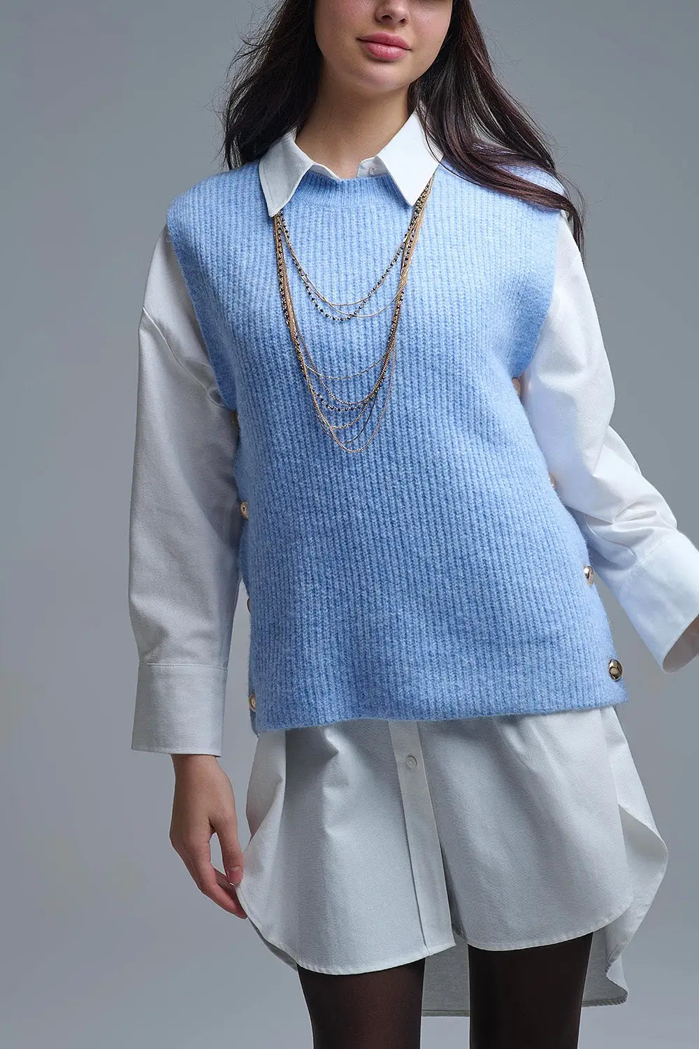 Blue sleeveless sweater with gold buttons on side - BLUE / ONE - Sweaters