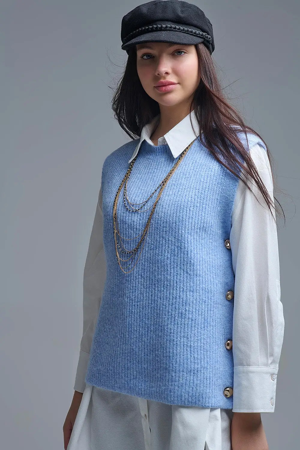 Blue sleeveless sweater with gold buttons on side - BLUE / ONE - Sweaters