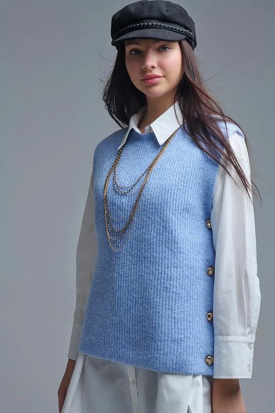 Blue sleeveless sweater with gold buttons on side - BLUE / ONE - Sweaters