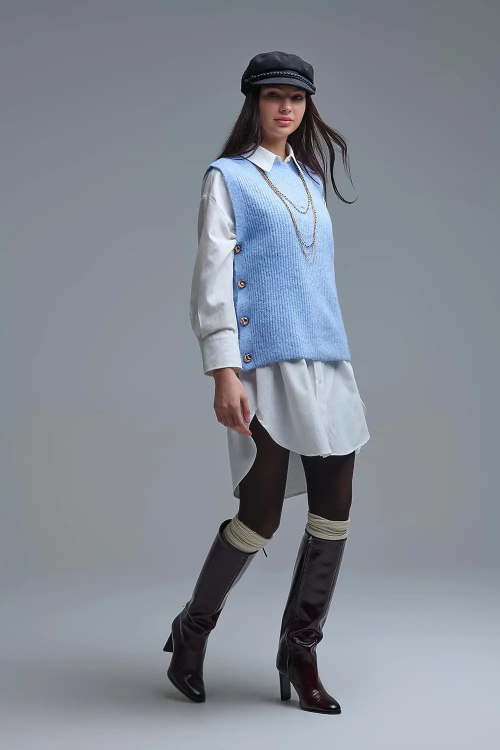 Blue sleeveless sweater with gold buttons on side - BLUE / ONE - Sweaters