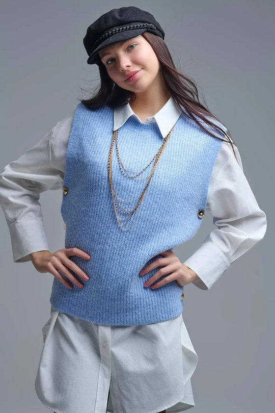 Blue sleeveless sweater with gold buttons on side - BLUE / ONE - Sweaters