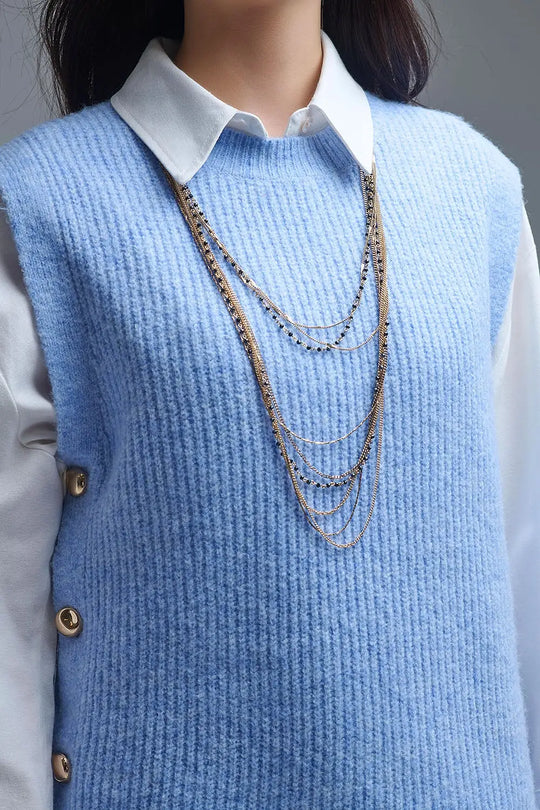 Blue sleeveless sweater with gold buttons on side - BLUE / ONE - Sweaters