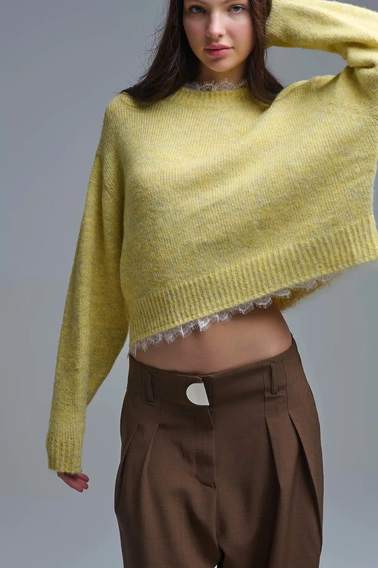 Lace Detail Relaxed Yellow Sweater - YELLOW / ONE - Sweaters