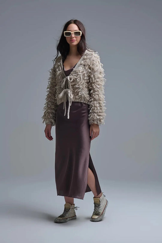 Beige Cropped chunky Knit cardigan with V-Neck and Front Tie closure - BEIGE / ONE - Jackets Cardigans