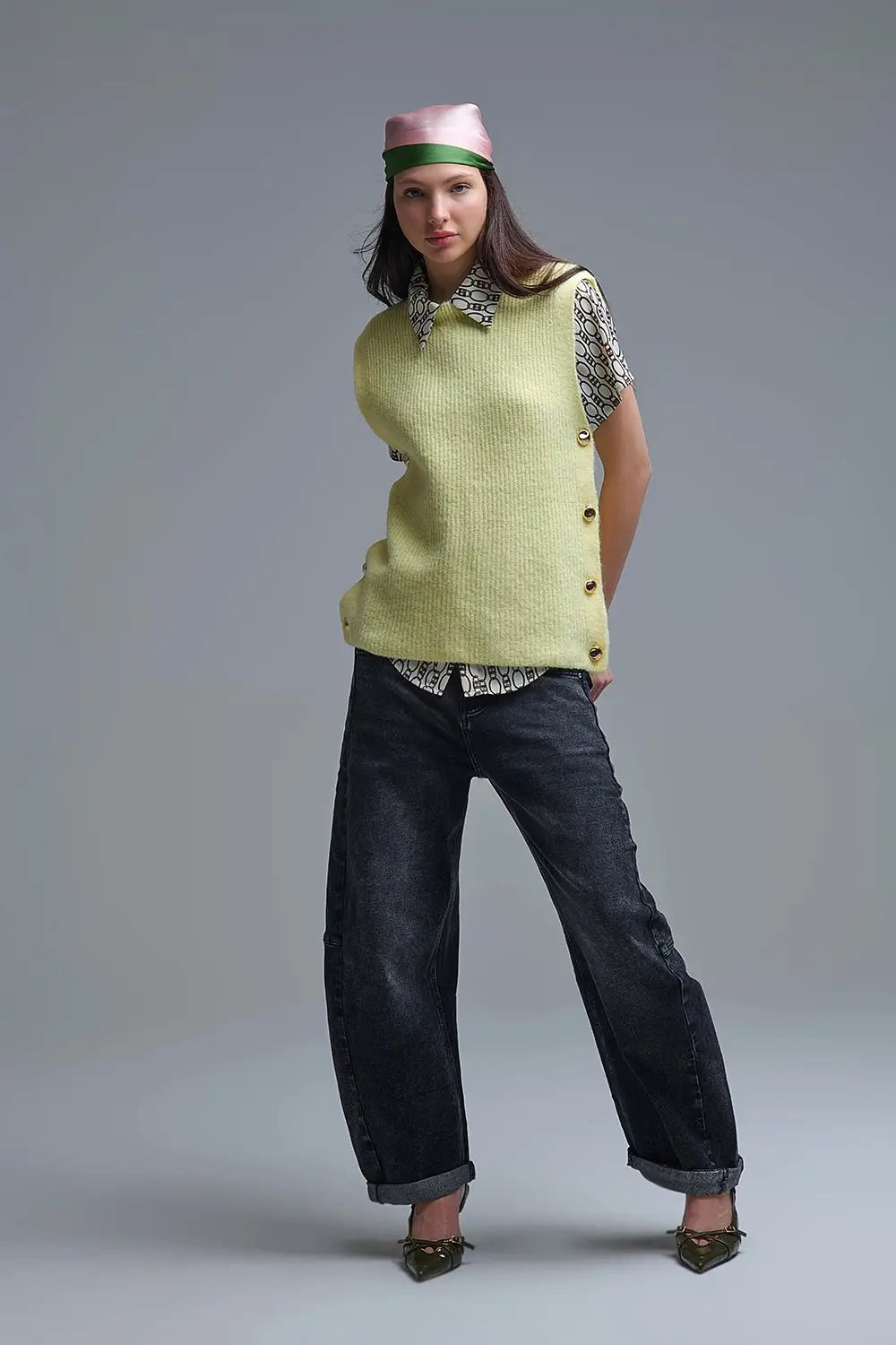 Yellow sleeveless sweater with gold buttons on side - YELLOW / ONE - Sweaters