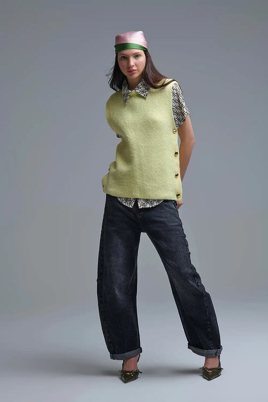 Yellow sleeveless sweater with gold buttons on side - YELLOW / ONE - Sweaters
