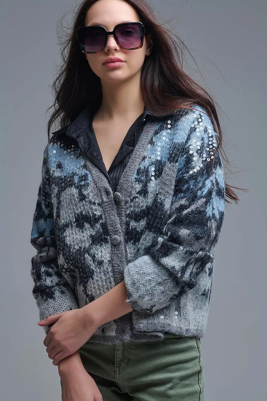 Stylish Gray Knit Cardigan with sequin Abstract Print - GRAY / ONE - Jackets Cardigans