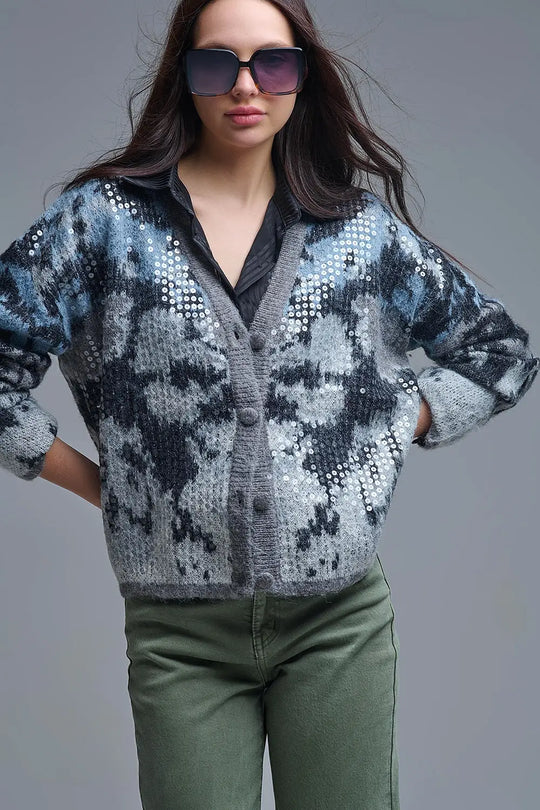 Stylish Gray Knit Cardigan with sequin Abstract Print - GRAY / ONE - Jackets Cardigans