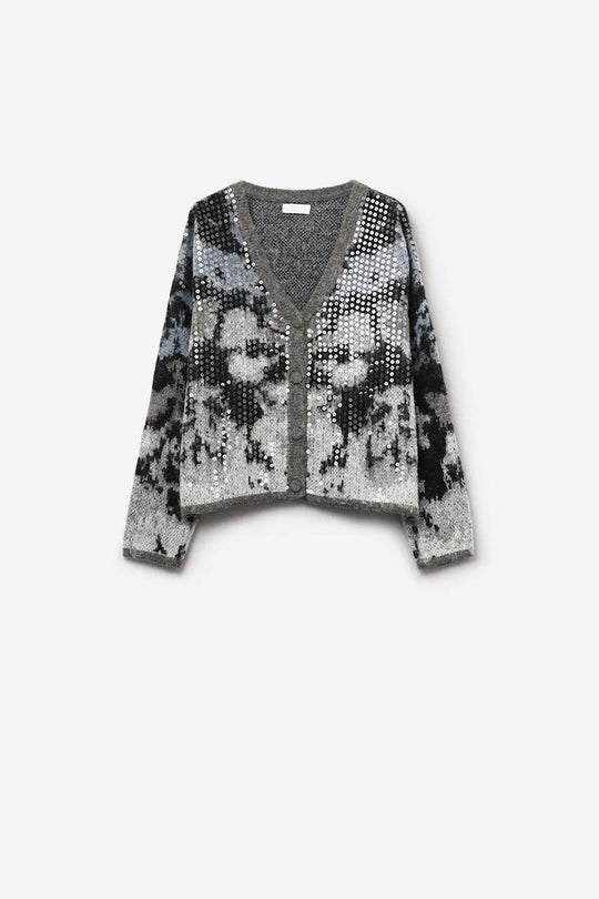 Stylish Gray Knit Cardigan with sequin Abstract Print - GRAY / ONE - Jackets Cardigans