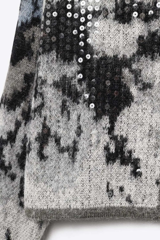Stylish Gray Knit Cardigan with sequin Abstract Print - GRAY / ONE - Jackets Cardigans
