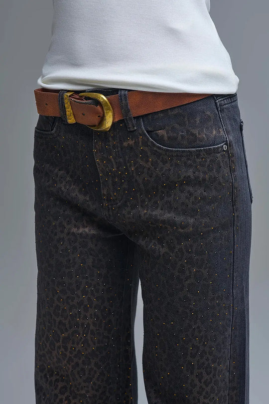 Leopard Print Black Straight-Leg Jeans with strass detail - Colored Jeans