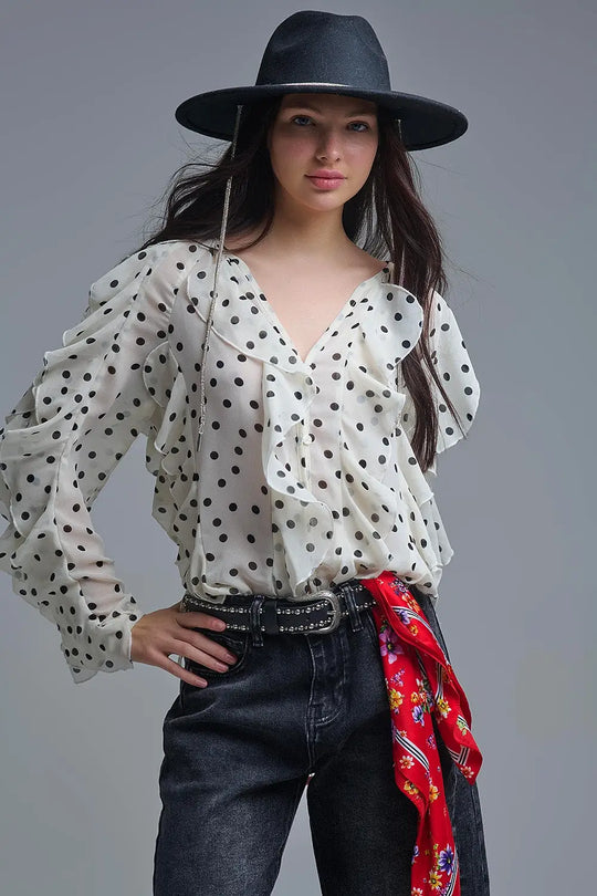 Polka Dot Button-Up chiffon Shirt with Ruffles - Shirts