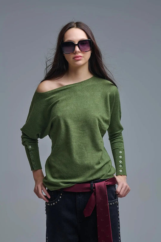 Soft knit olive green Sweater with sleeve button details - KHAKI / ONE - Sweaters