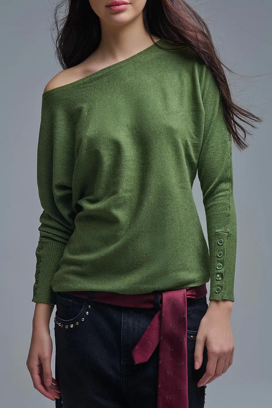 Soft knit olive green Sweater with sleeve button details - KHAKI / ONE - Sweaters