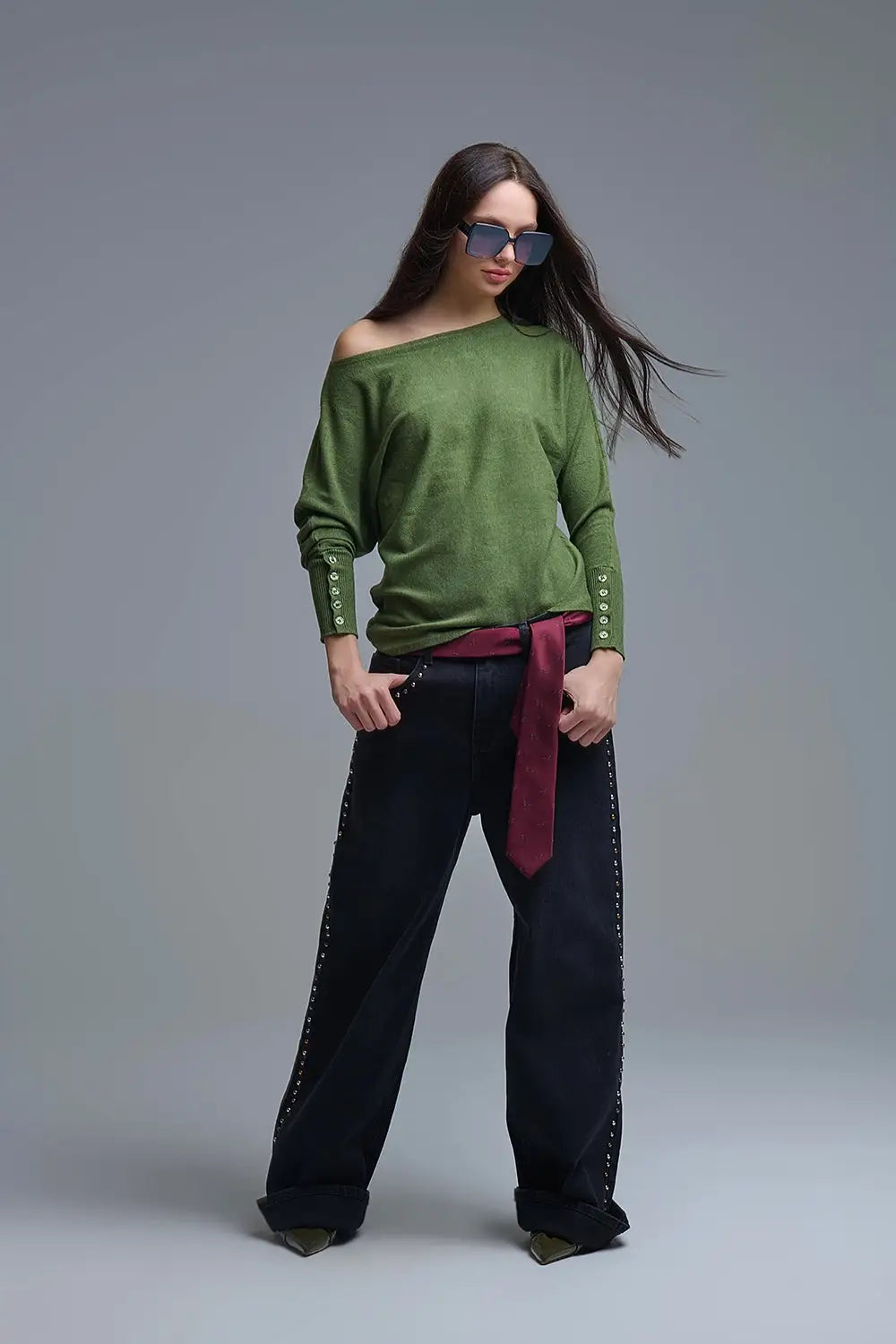 Soft knit olive green Sweater with sleeve button details - KHAKI / ONE - Sweaters