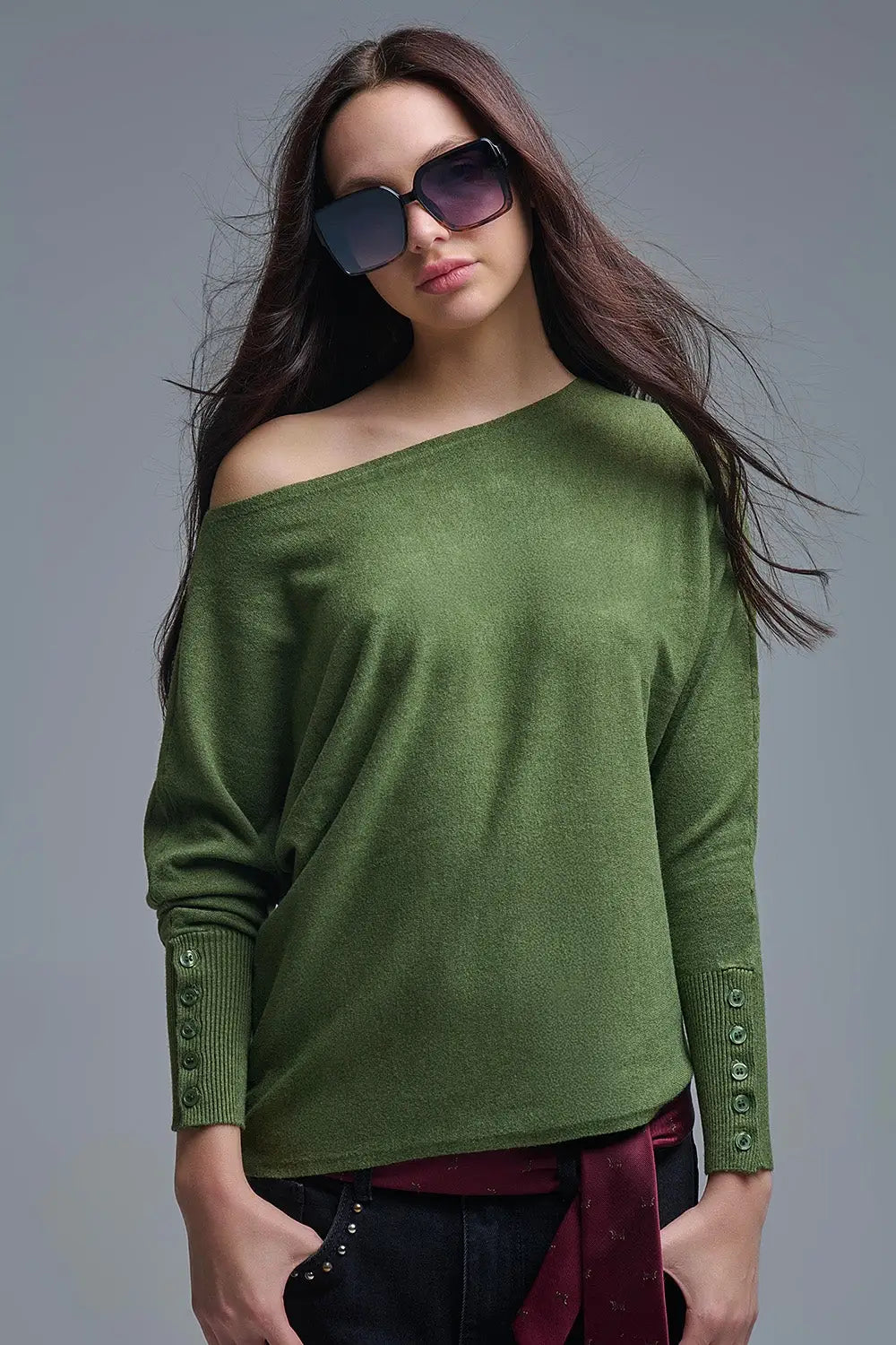 Soft knit olive green Sweater with sleeve button details - KHAKI / ONE - Sweaters